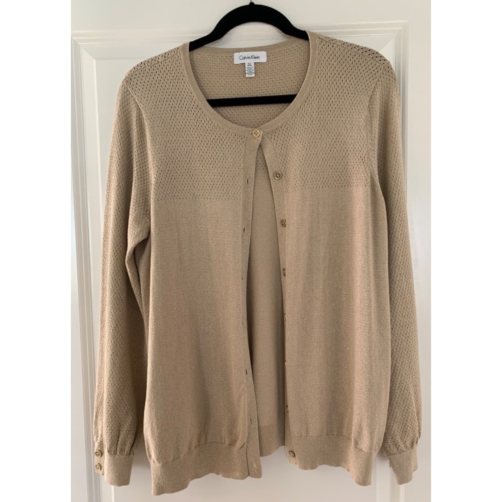 Calvin Klein Tan Gold Metallic Cardigan Sweater Button Closure Size XL 0010